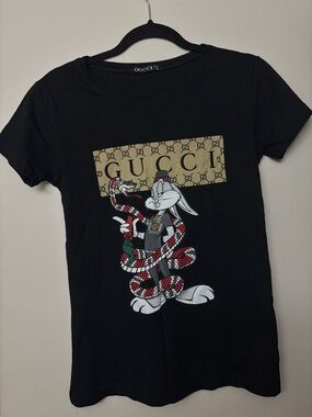 Gucci Black Tee with Beige GG Panel and Red Snake Graphic